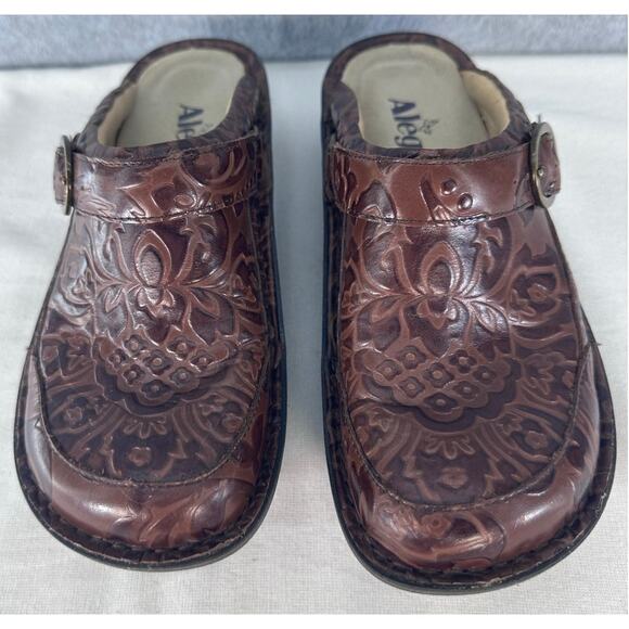 Alegria Womens sz 35 (US 5/5.5) SEV-574 Embossed Brown Leather Clog Comfort Mule - Picture 4 of 9